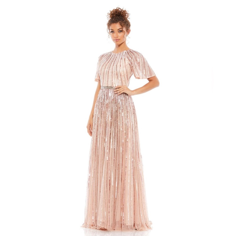 Mac Duggal Short Sleeve Ombré Sequined Evening Gown 4913